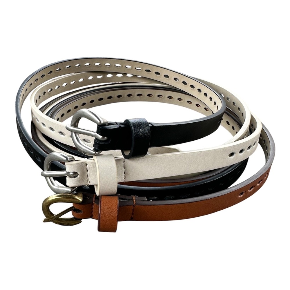 Belt Set of 3 Skinny Perforated Belts Black Brown Cream Fully Adjustable 40 Inch